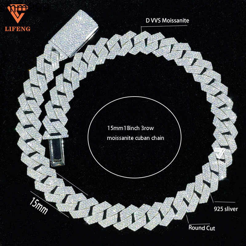 New 15mm 18inch VVS Moissanite Diamond Necklace 925 Sterling Silver Cuban Link Chain Miami Hip Hop Style Jewelry for Women