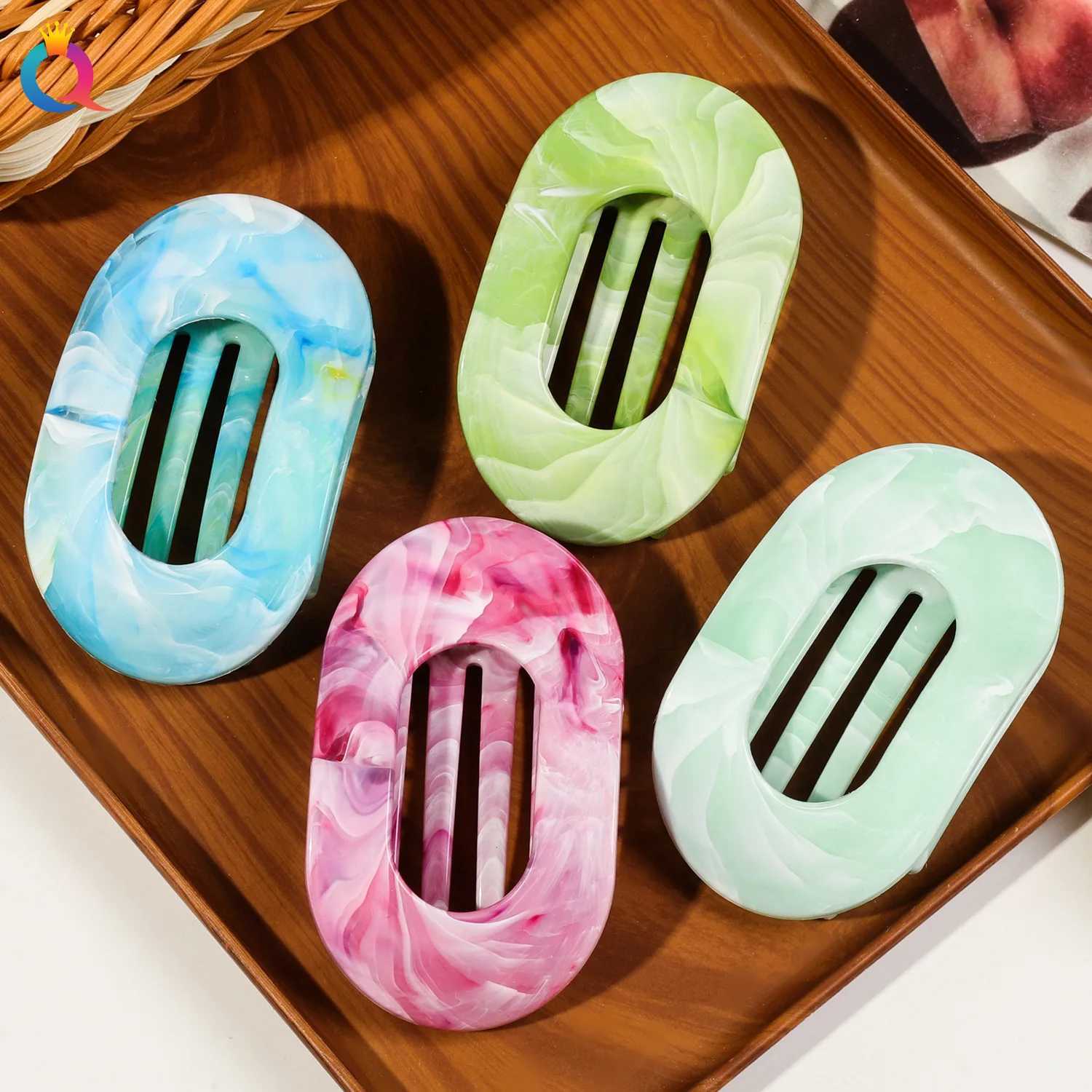 Fashion Oval Hair Claw Clips Women Elegant Marbling Acrylic Flat Circular Hair Grips Premium Colorful Updo Hair Pins Barrettes Z250707