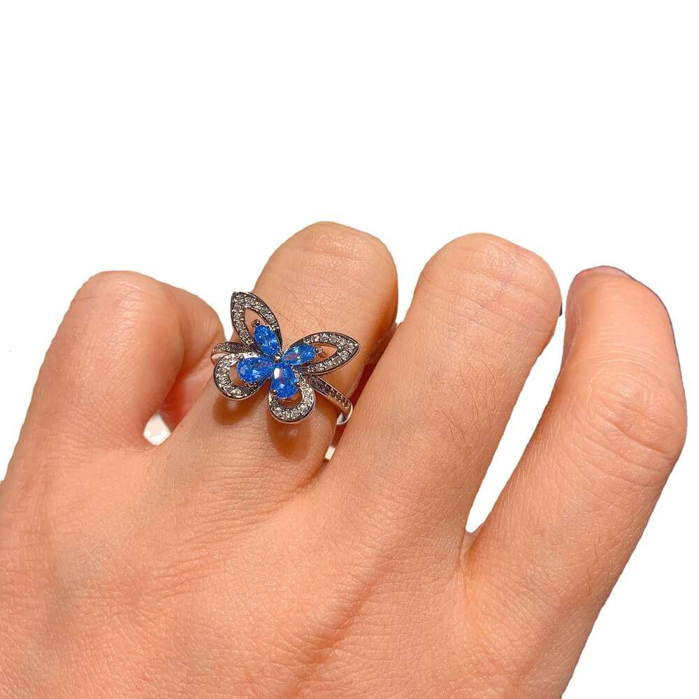 Douyin Live S Sier Needle Sea Blue Dia Butterfly Three-Piece Set Bracelet Necklace Ring Earrings Wedding Jewelry E03