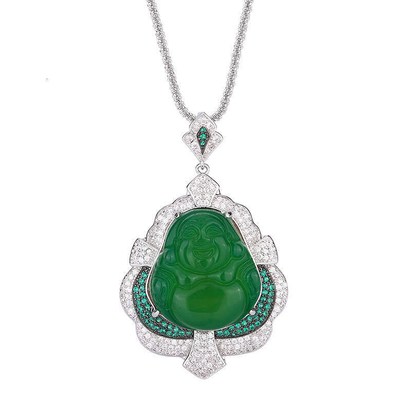 Huayoumei Jewelry Green White Chalcedony Laughing New Chinese Accessories National Style Maitreya Necklace Small Buddha Pendant A9d