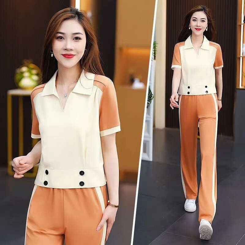 Turn-Down Collar Sports Suit For Women Summer New Casual Commuting Fashion Age-Reducing Stylish Two-Piece Set B5