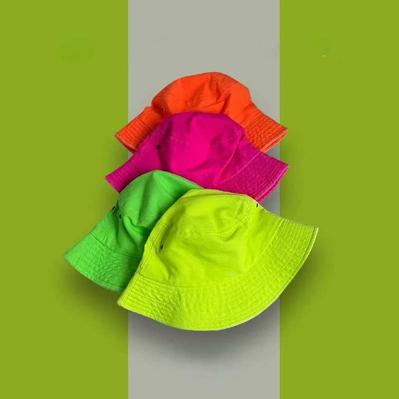 Fluorescent Bucket Hat Women Spring and Summer Fashion Green Sunscreen Shade Street Wash Basin Hat All-match Mens Panama Hats Y250707