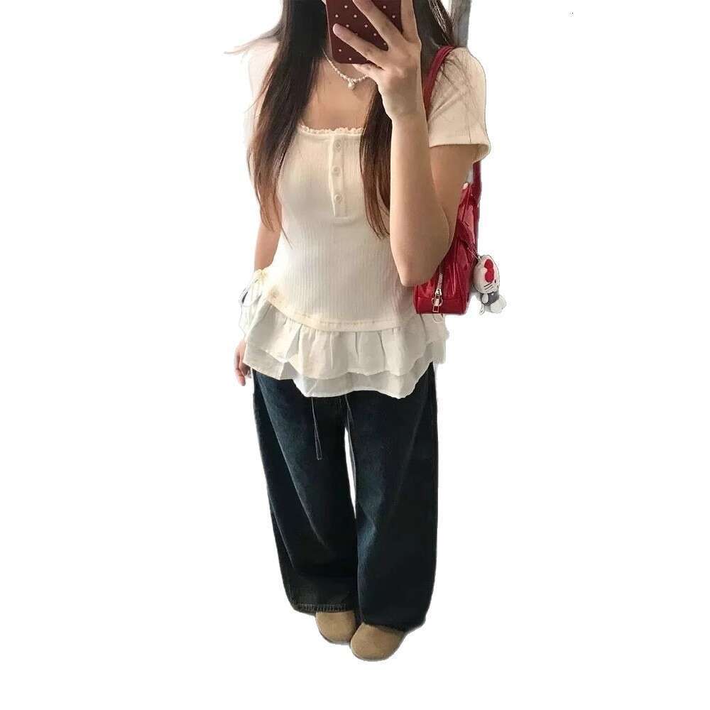 Lace Trim U-Neck Regular Shoulder Short Sleeve T-Shirt For Women Summer New Design Slim Fit Sweet Style Trendy Top B5