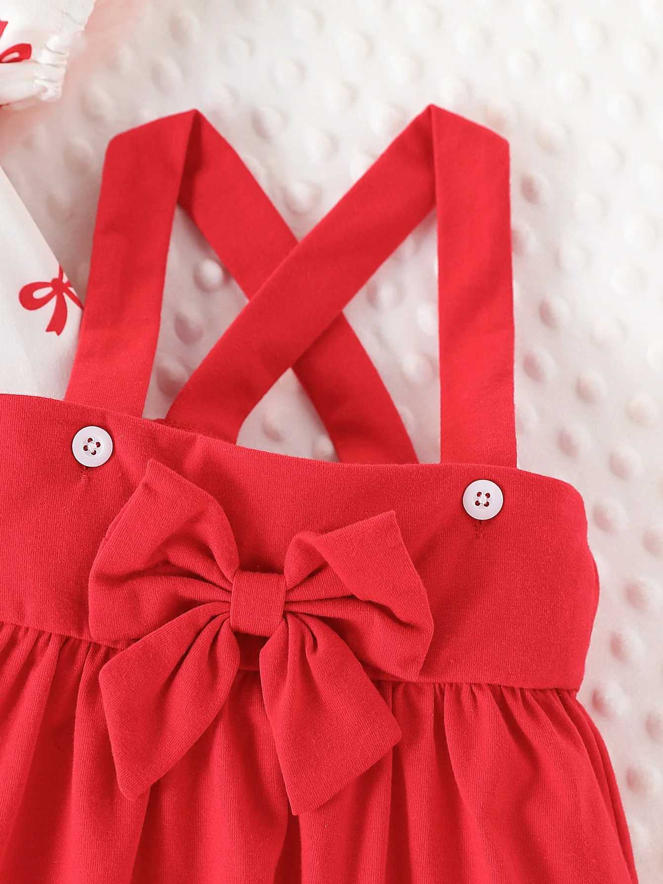 2-piece set of baby girl casual cute bow full printed bubble sleeves round neck top and bow strap skirt for summer R250707
