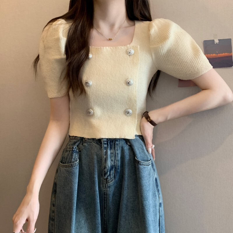 2025 Summer new women's T-shirt new French style elegant double breasted bubble sleeve T-shirt knitted short top new designer T-shirt