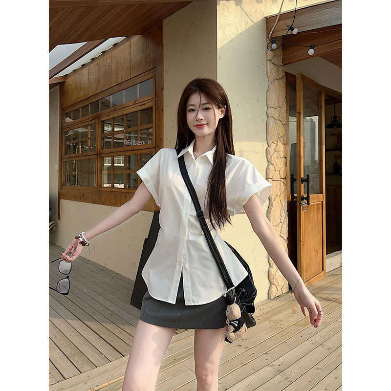 Korean Style White Polo Collar For Women Summer Design Sense Waist Slimming Versatile Stylish Cardigan Shirt B5
