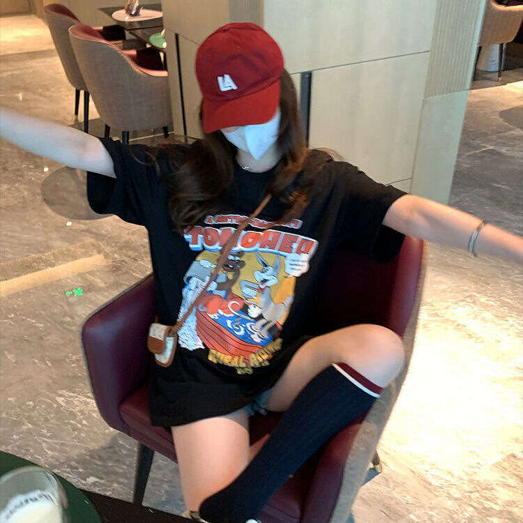 Summer New Korean Style Pure Cotton Cartoon Print Round Neck Short Sleeve T-Shirt For Women Loose Casual Versatile Top B5