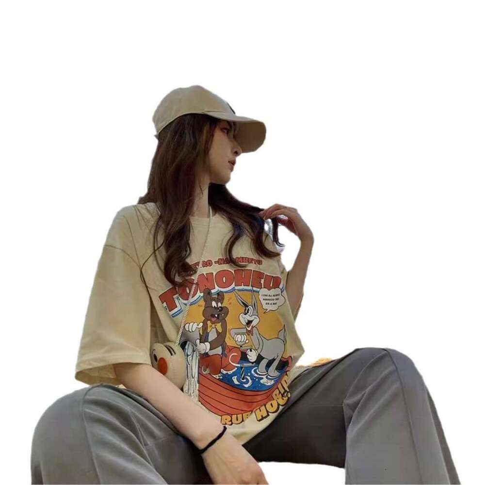 Summer New Korean Style Pure Cotton Cartoon Print Round Neck Short Sleeve T-Shirt For Women Loose Casual Versatile Top B5
