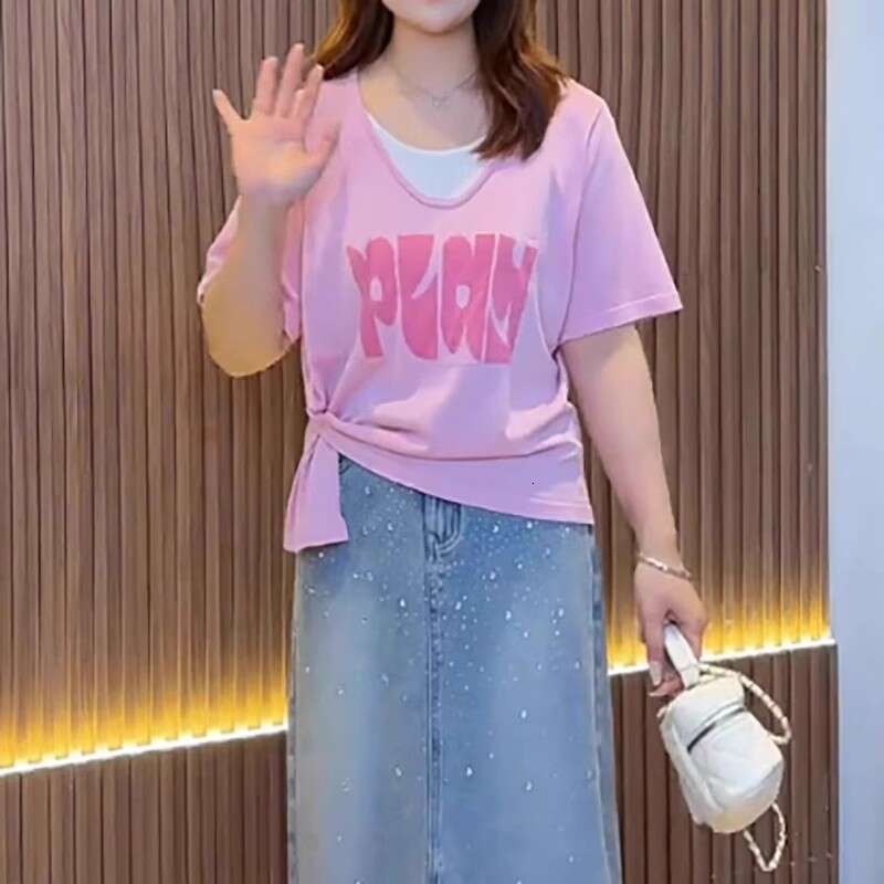 Fake Two-Piece Round Neck Short Sleeve T-Shirt For Women Summer Large Size Design Sense Patchwork Color Block Letter Commuter Top B5