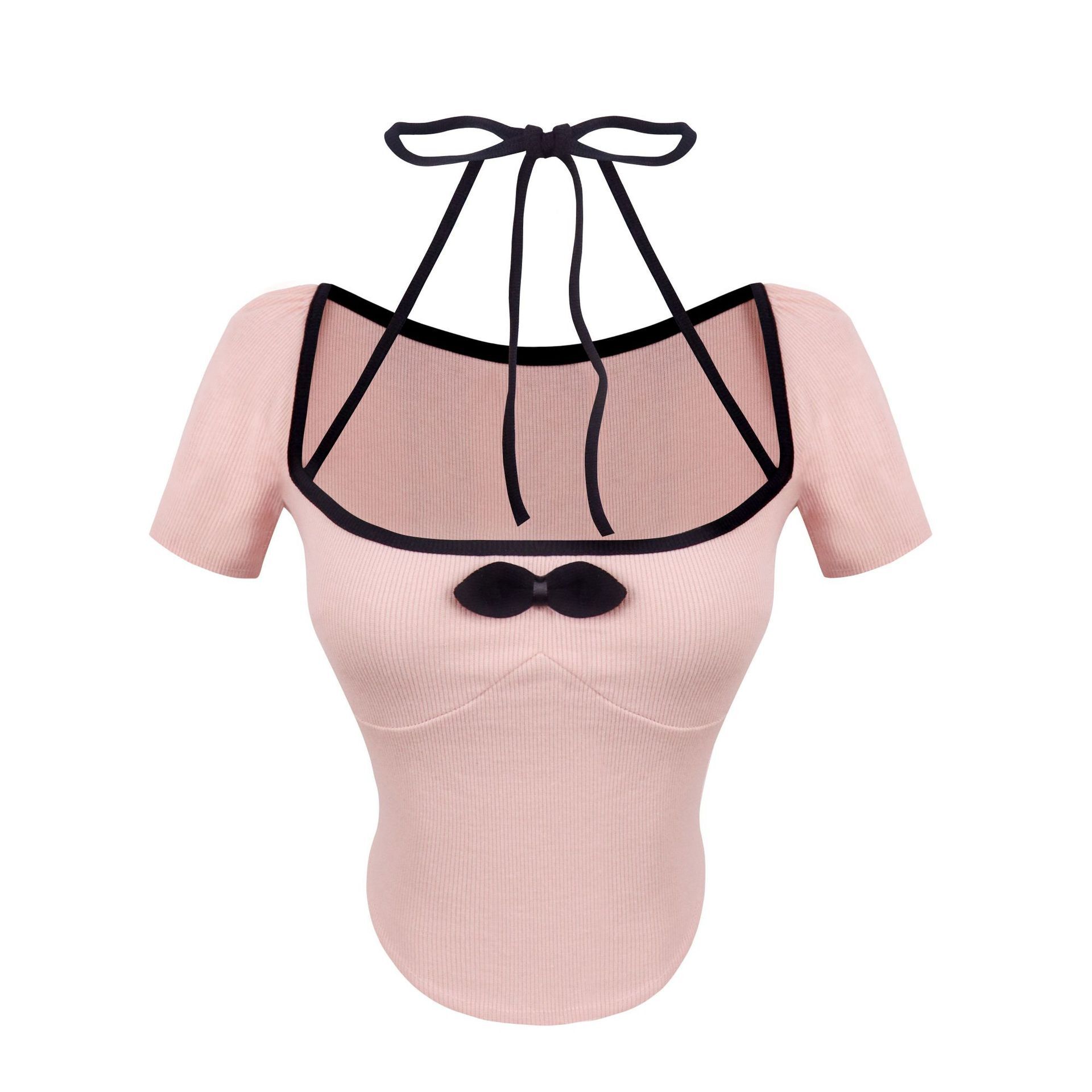 2025 Summer New Women's T-shirt Pure Desire Bow U Neck Sexy Women's Summer Hot Girl Short sleeved Top Low cut Tight T-shirt New Designer T-s