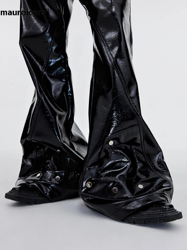 Mauroicardi Spring Autumn Cool Black Shiny Reflective Pu Leather Flare Pants for Men High Quality Trousers Mens Clothes 250704