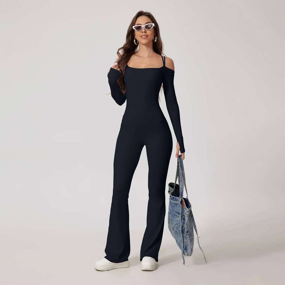 Seamless Yoga Jumpsuits Sports Fiess High Waist Hip Raise Long-Sleeved Flared Pants Suit Workout Gym Leggings Set for Women