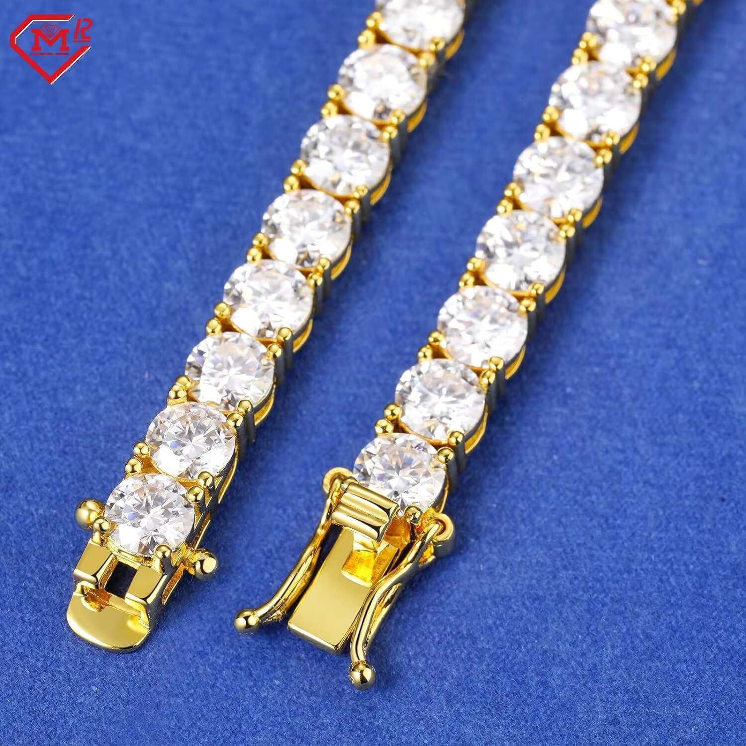 Luxury Moissanite Tennis Necklace White/Yellow Gold Plated 4MM 925 Silver Moissanite Tennis Chain
