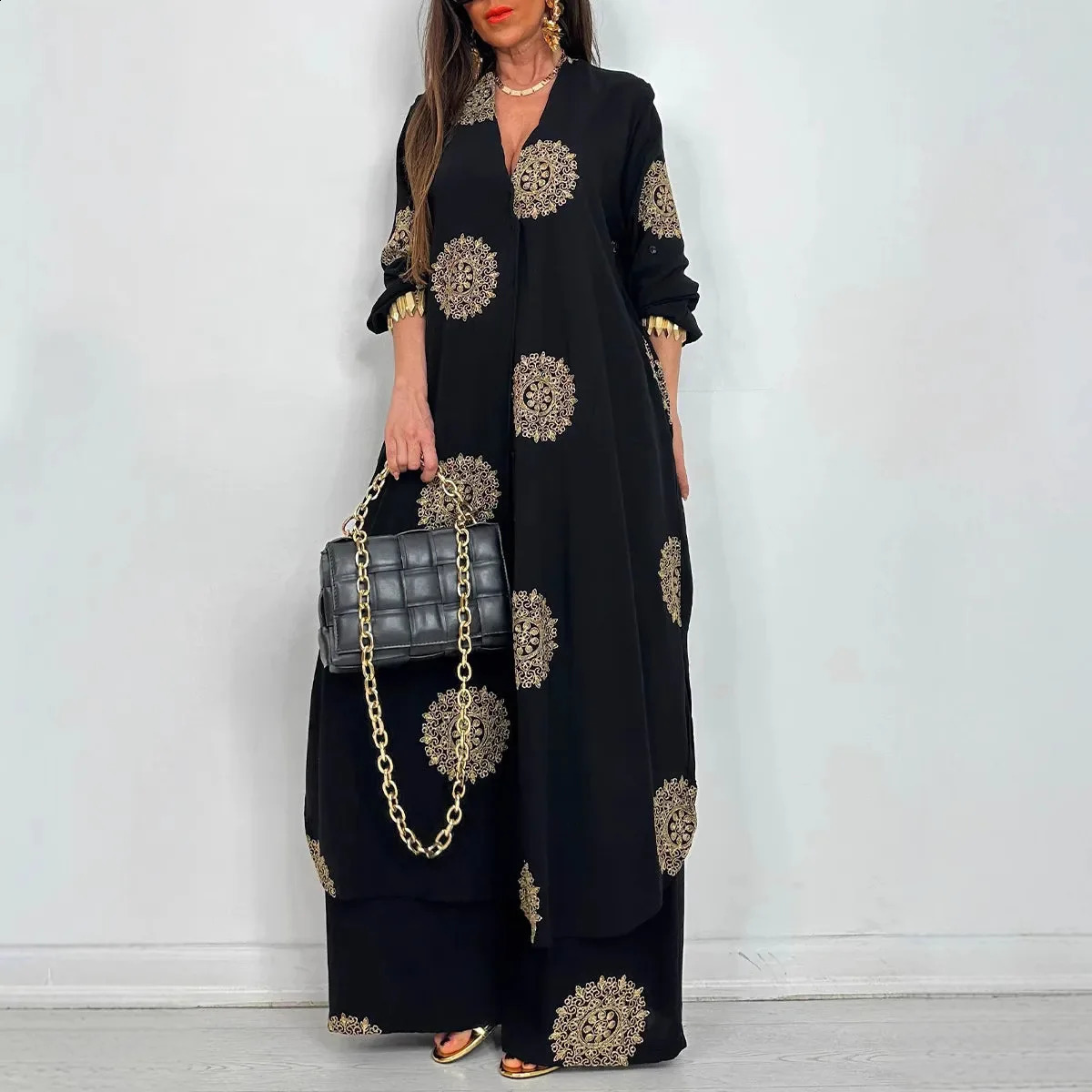 Womens Loose Long Vintage Printed Robe Set Spring Summer Casual Button Shirt Blouses Wide Legs Pants Oversized Two-piece Outfit 250703