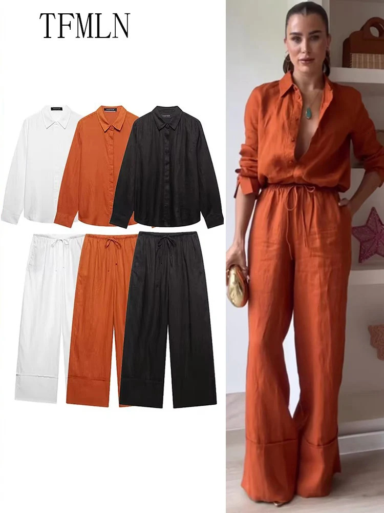 TFMLN 2025 Women Blouse Trouser Sets Office Ladies Elegant Long Sleeve Casual Loose Shirt Wide Leg Pant Suits Simple Outfits 250724