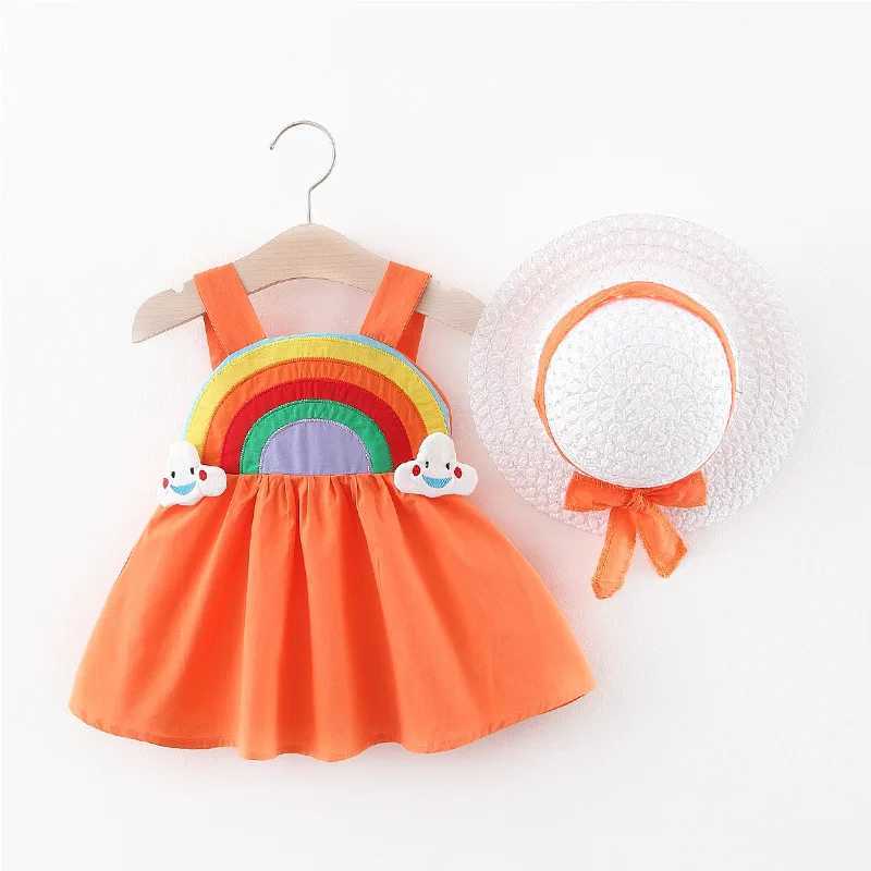 Childrens New Girls Strap Back Elastic Waist Dress Childrens Rainbow Cloud Solid Princess Dress Baby and Child Cute Summer Dress R250707