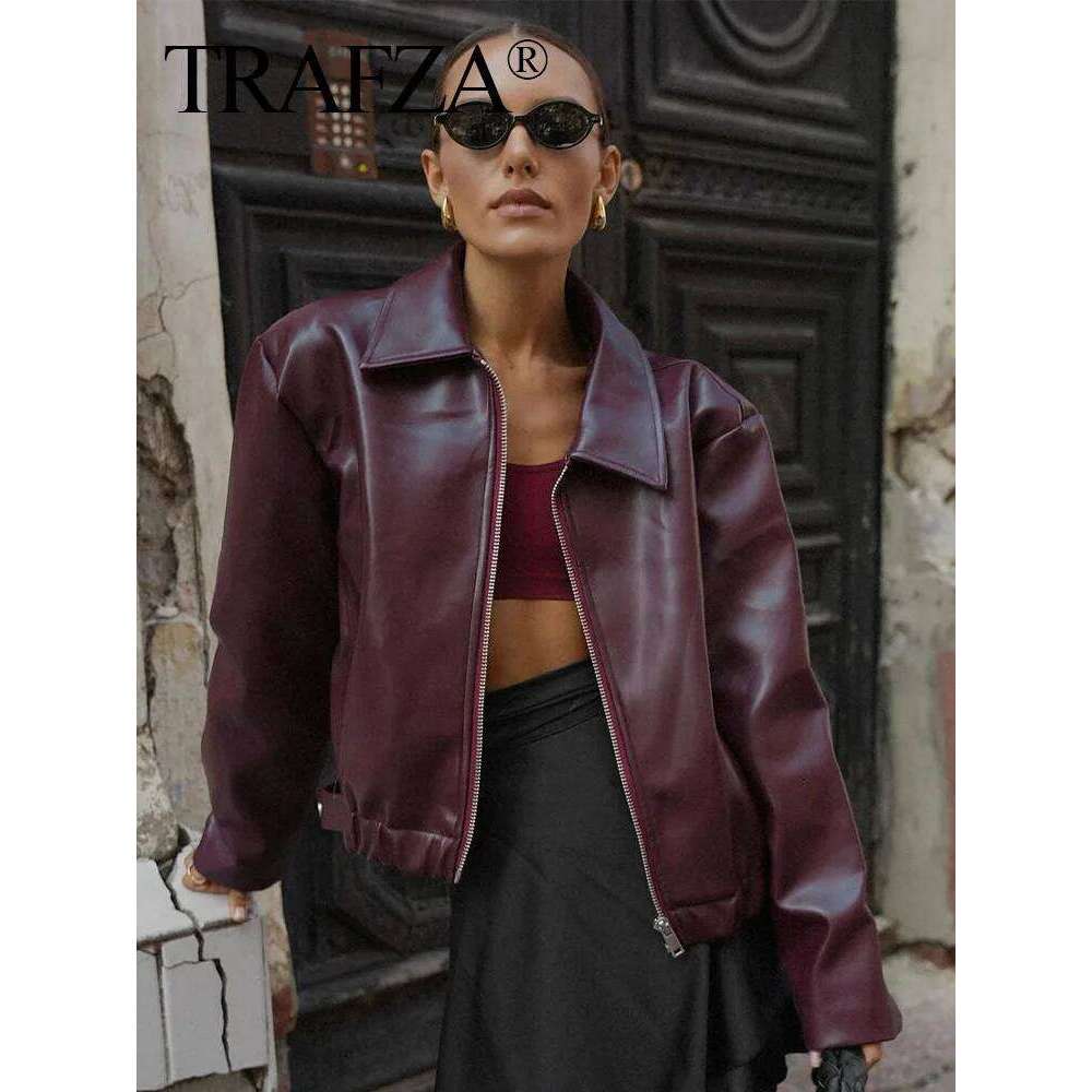 TRAFZA Women Autumn Fashion Bury Faux Leather Jackets Zipper Casual Lapel Long Sleeves Coat Female High Street PU Outerwear