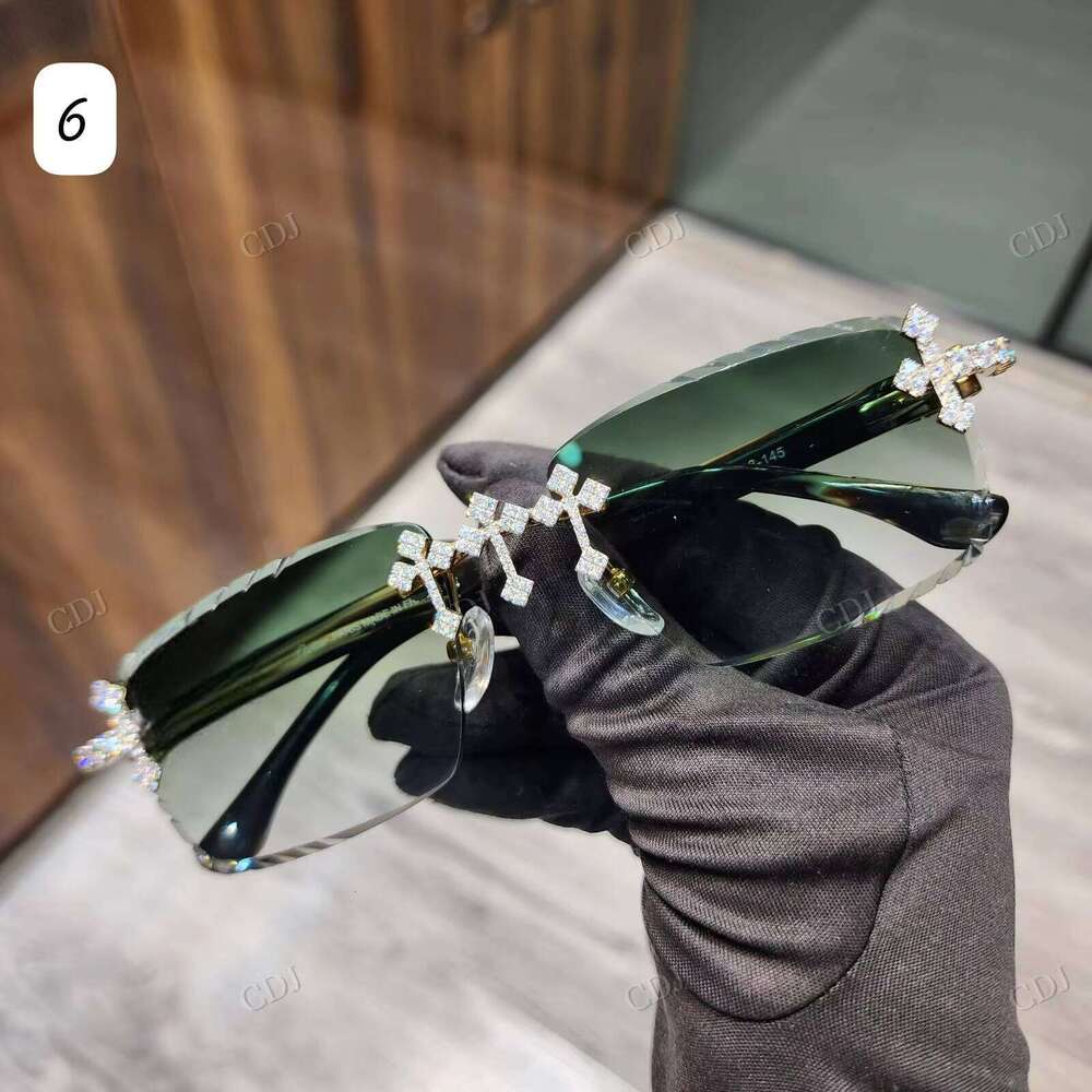 New Product Personality fashion Men and Women Cross Design VVS Silicon Stone Stainless Steel Green Frame Sunglasses