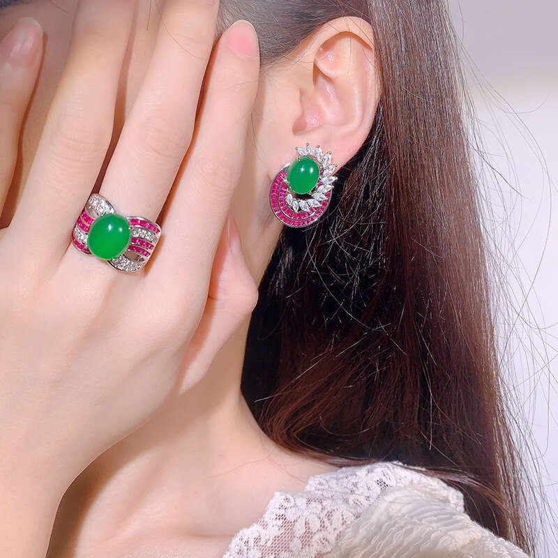 Huayoumei Jewelry Set Pure Sier Needle Imitation Chalcedony Two-Piece Ring Earrings For Women 09D
