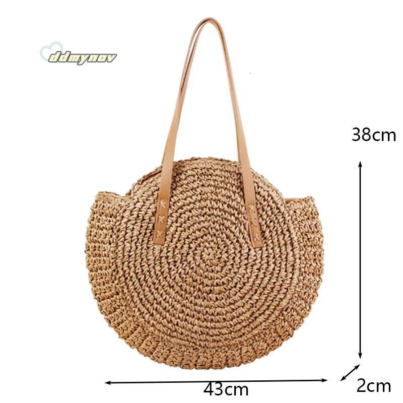Round Straw Beach Vintage Handmade Woven Shoulder Bag Raffia circle Rattan bags Bohemian Summer Vacation Casual Bags ddmynov