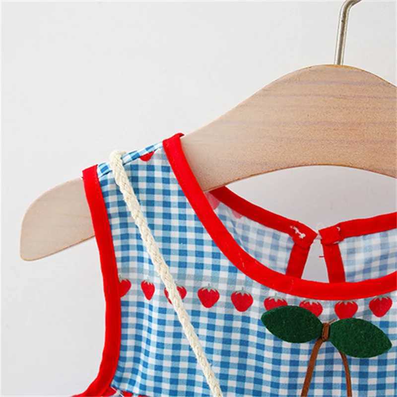 2Pcs/Set Summer Baby Girl Blue Plaid Dress Lovely Cherry Kids Clothing Fashion Toddler Sleeveless Dresses 0-4 Years Children Costume R250707