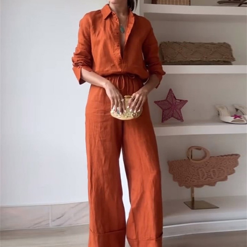 Casual Solid Shirt Pants Suit Women Lapel Single Breasted Loose Shirt Wide Leg Drawstring Trouser 2025 Spring Fashion Female Set 250703