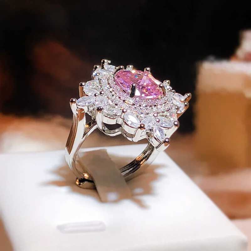 Beautiful 925 Silver Ring for Women Fashion Pink Shiny Zircon Ring Fashion Adjustable Opening Party Jewelry Wedding Ring XJ250707