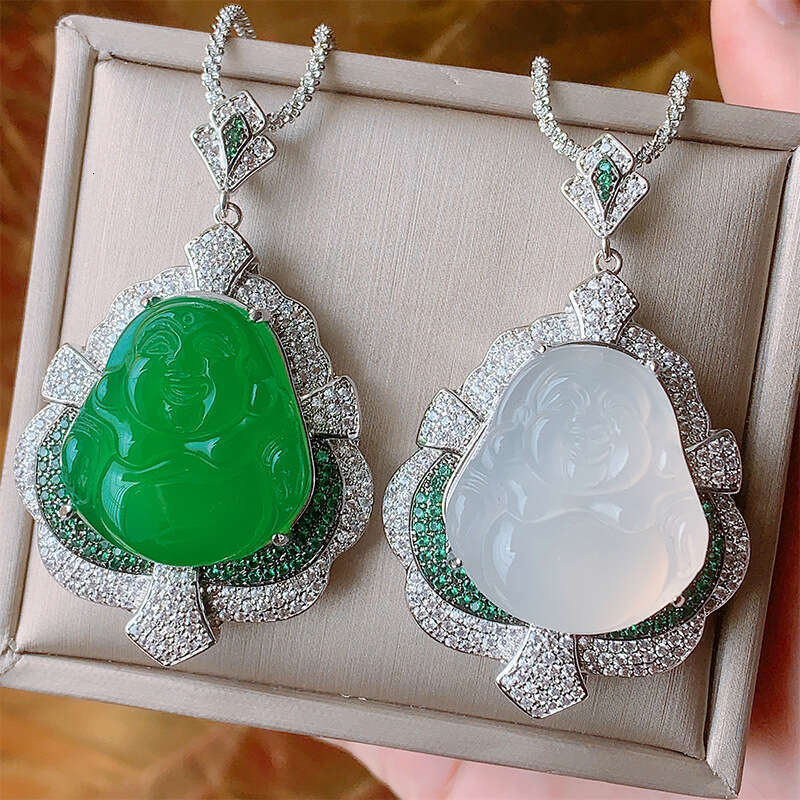 Huayoumei Jewelry Green White Chalcedony Laughing New Chinese Accessories National Style Maitreya Necklace Small Buddha Pendant A9d