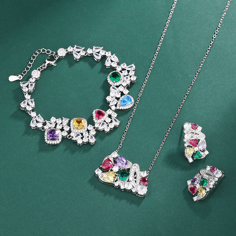 Jewelry Copper Base Gold Plated Live New Colorful Zircon Ring Earrings Bracelet Three-Piece Set For Women Bb3