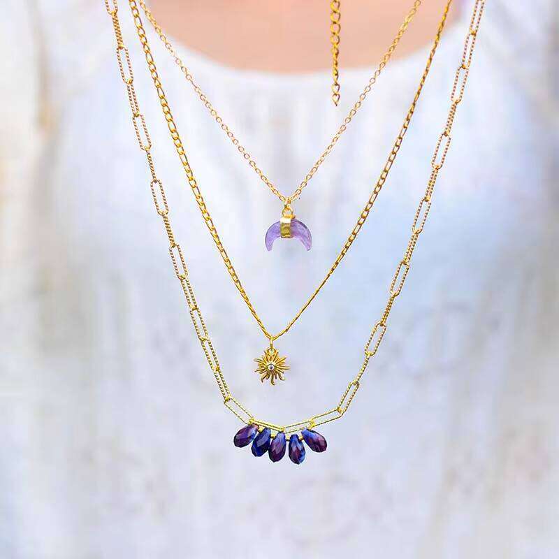 Bohemian Copper Chain Amethyst Pendant Necklace for Women