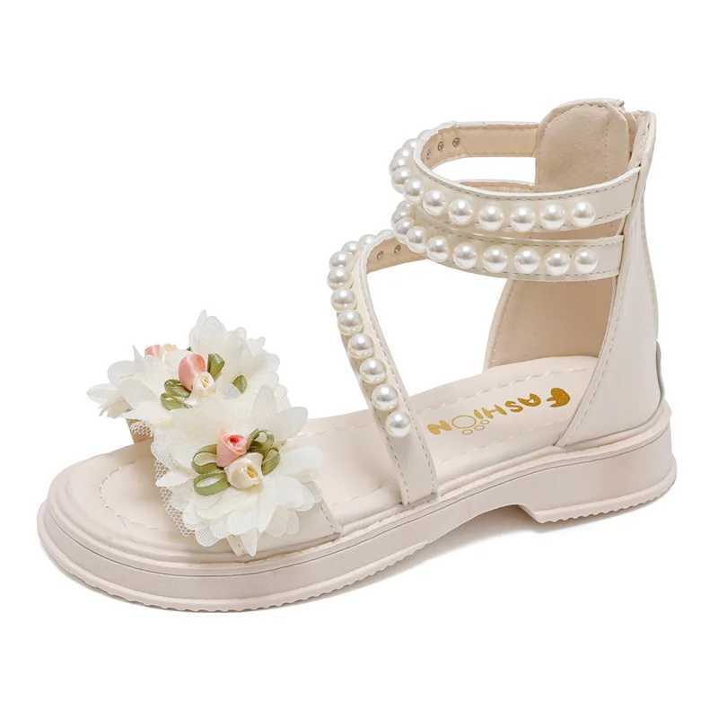 Childrens Sandals Summer Bowtie Princess Shoes for Girls Fashion Sweet Kids Casual Pearl Roman Sandals Solid Color Hook Loop R250707