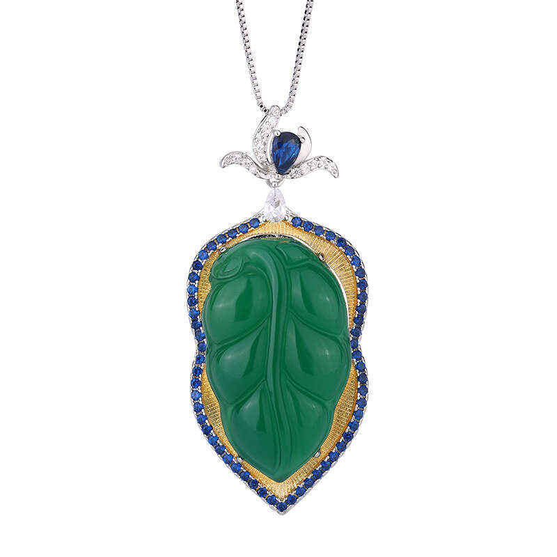 New Chinese Jewelry Fashion Light Imitation Green White Chalcedony National Style Leaf Necklace Royal Blue 462