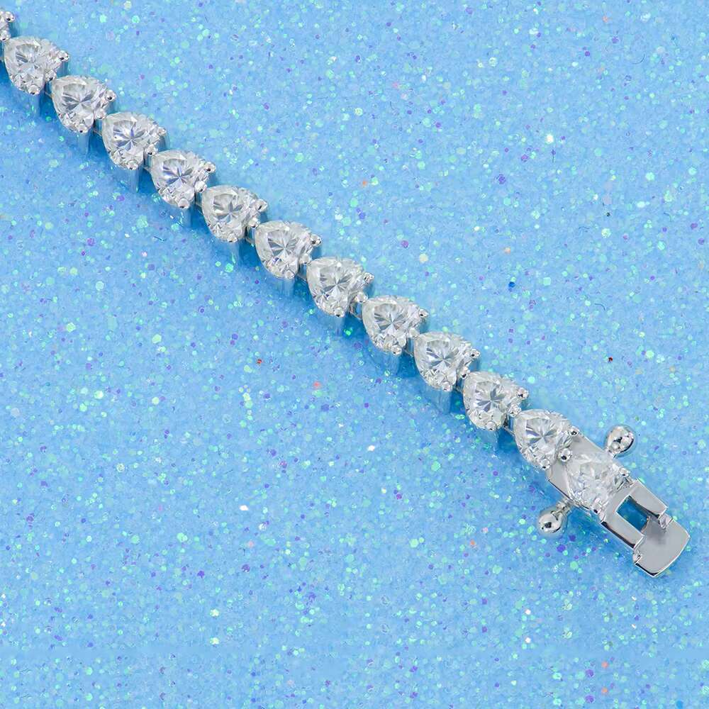 White Gold Plated Hiphop Jewelry 6mm Tennis Link Chain with 3*3 Heart Moissanite 925 Silver Bracelet