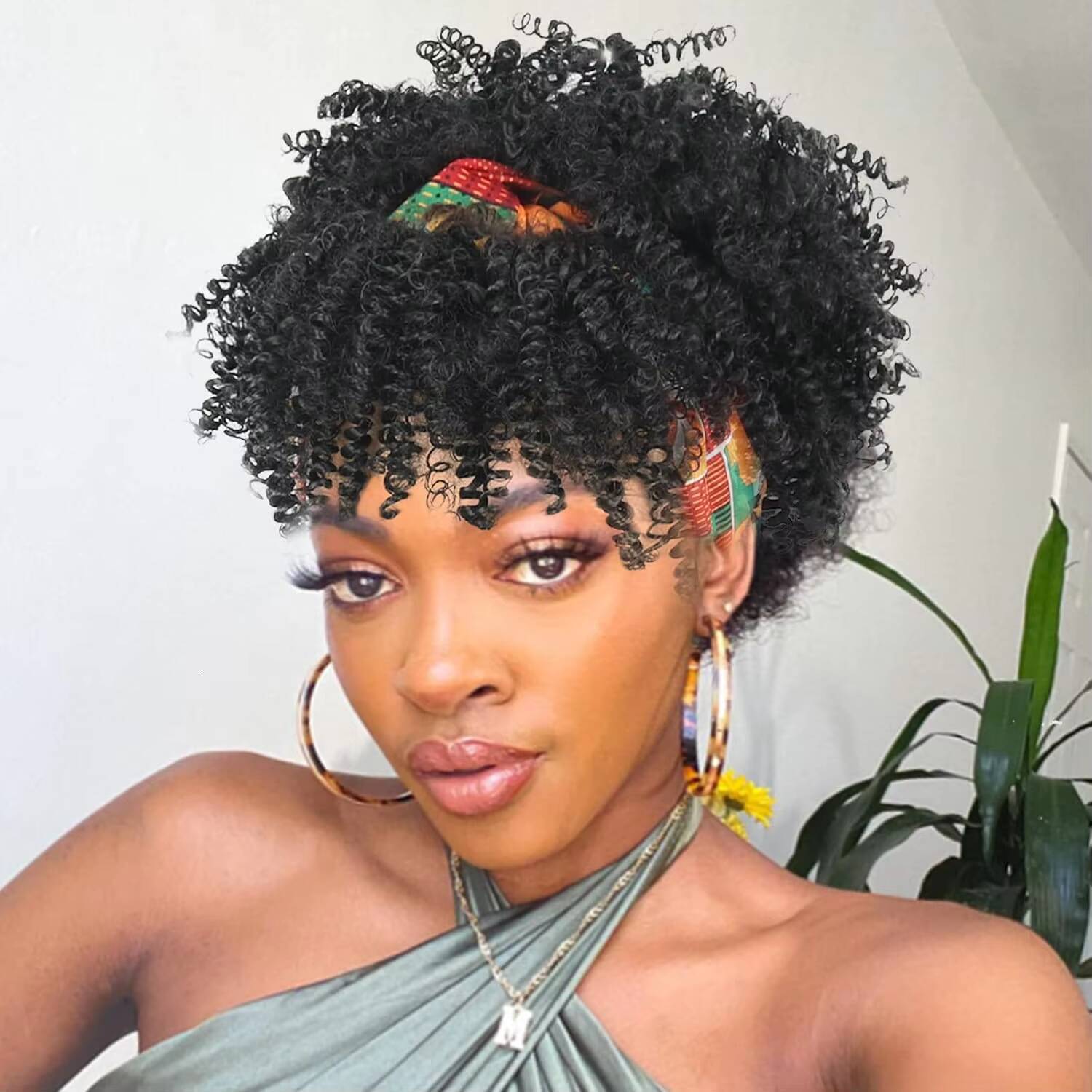 Black womens headscarf and tassel, 2-in-1 wrapped wig, short African curly hair synthetic wig with headscar ddmythur