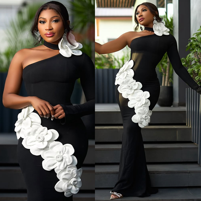 2025 African Black Aso Ebi Prom Dress African Mermaid Prom Dresses Evening Formal Gowns Hand Made Flowers One Shoulder Birthday Dress Second Reception