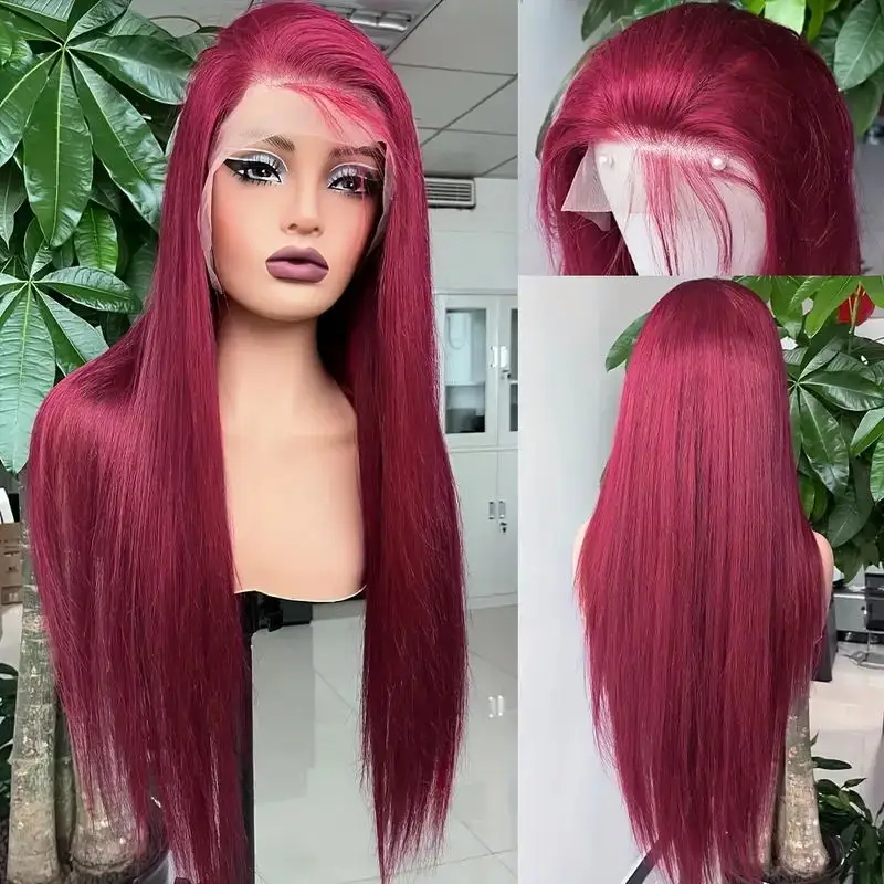 Burgundy Wig Similar to Real Human Hair 13X4 Lace Frontal Wigs Straight Hair Preplucked HD Transparent Lace Synthetic Lace Front Wigs Ready To Go 180%