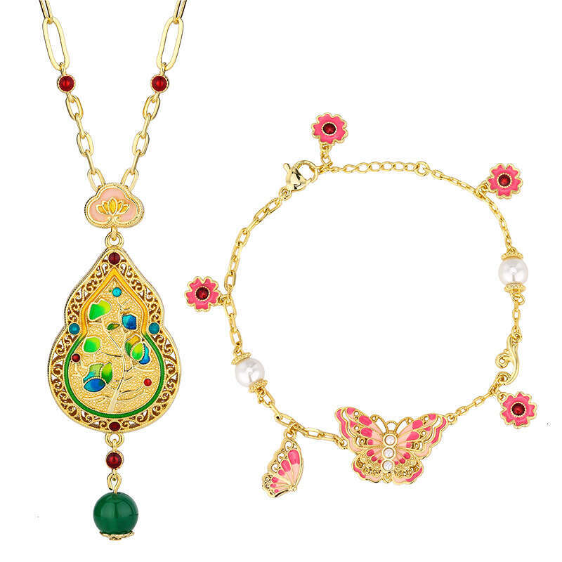 New Set Necklace Water Drop Bracelet Butterfly Shape Enamel Craft Chinese Style Fashion Women's Jewelry 511