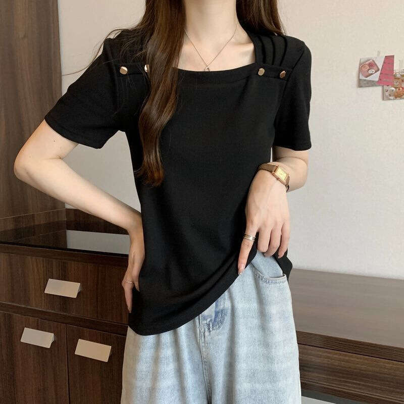 Plus Size Tummy Regular Shoulder Square Neck Short Sleeve Summer Cotton Slightly Korean Version Slimming Covering Fat Top Women Wholesale B5