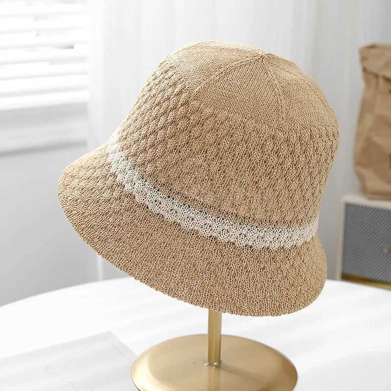 Womens Knit Bucket Hat Hollow Weave Sun Protection Fisherman Cap Retro Beach/travel/urban Summer Sun Hat Breathable Sunshade Y250707