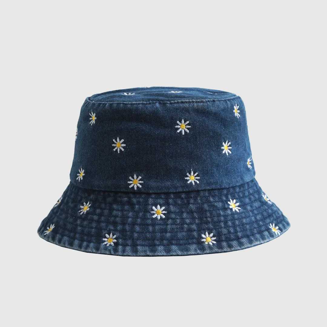 New Summer Hat For Women Denim Bucket Hat Embroidery Heart Butteryfly Daisy Wide Brim Fisherman Spring Best Matched Sun Hat Y250707