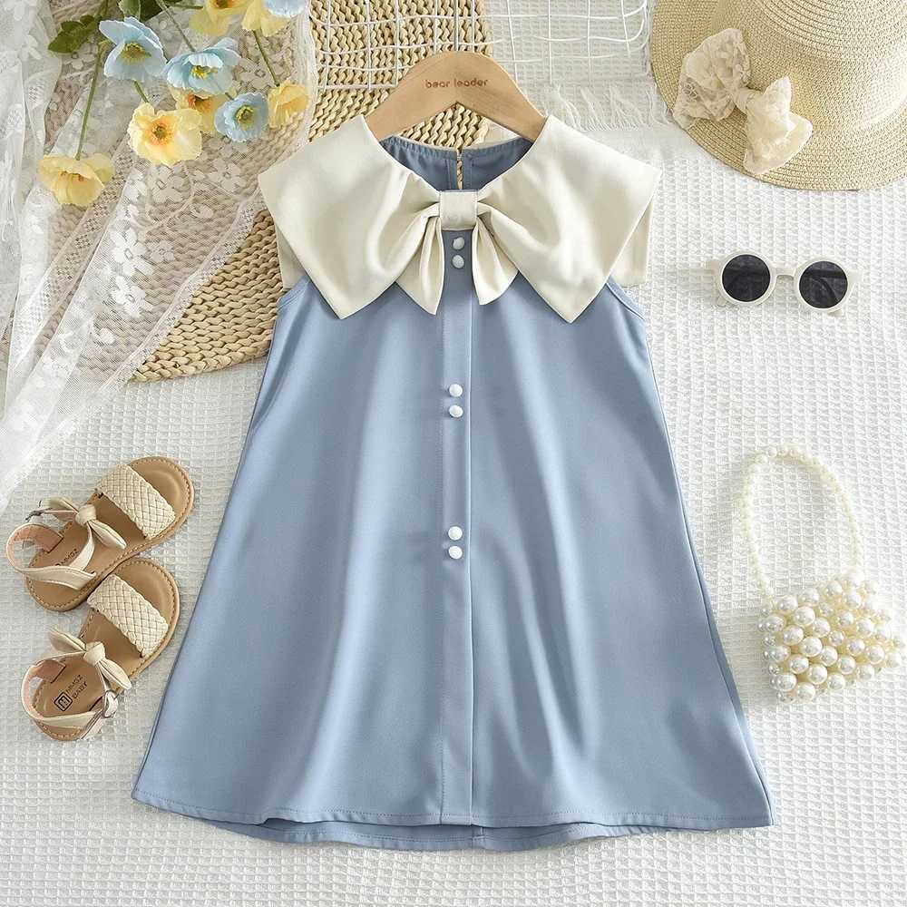Summer Girls Korean Version Bow Turn-down Collar Sleeveless Princess Dress 1 Pc for Kids 2-7 Years Daily Casual Wear R250707