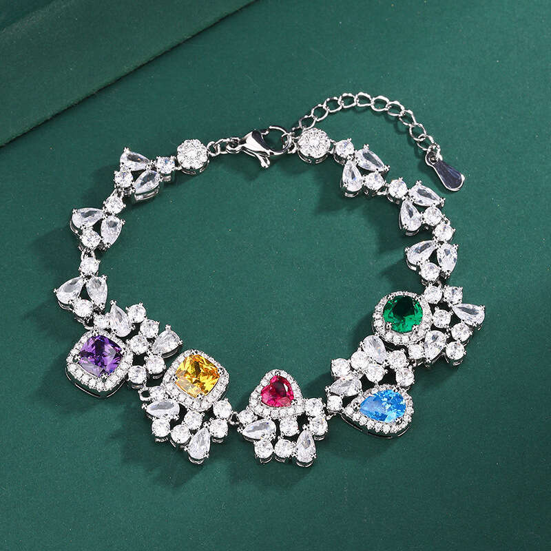 Jewelry Copper Base Gold Plated Live New Colorful Zircon Ring Earrings Bracelet Three-Piece Set For Women Bb3