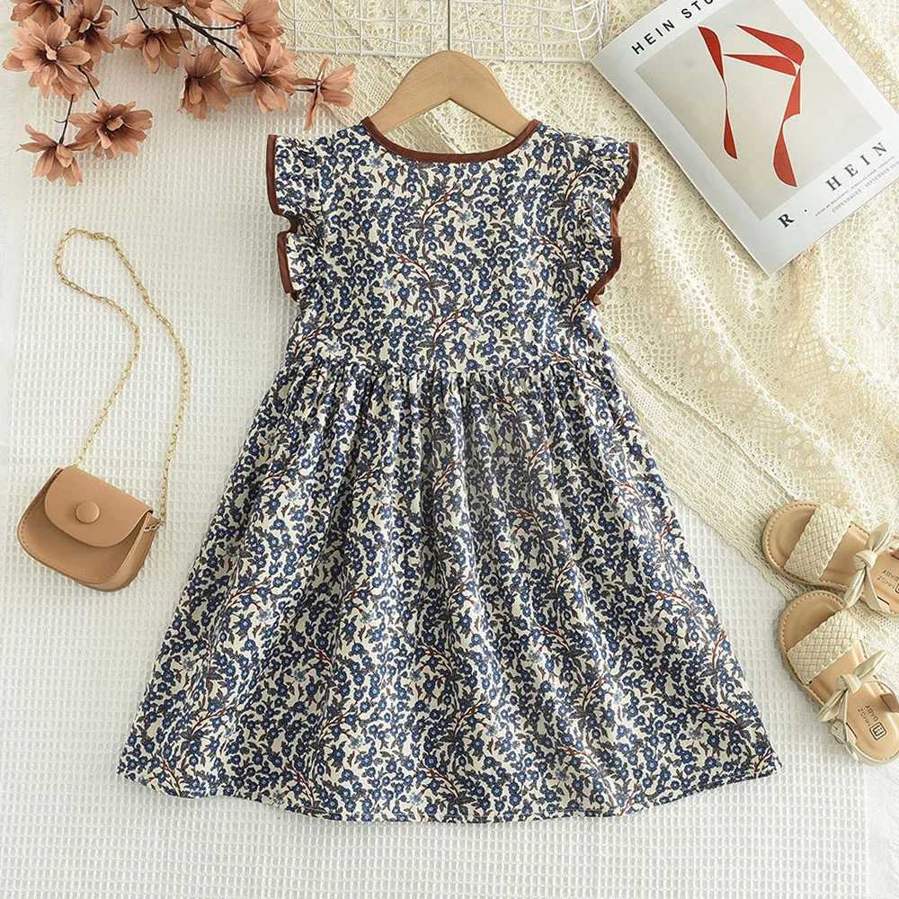 3-7 Years Bear Leader Summer Flying Sleeve Round Neck Girls Princess Dress Flower Kids Clothes with Button R250707
