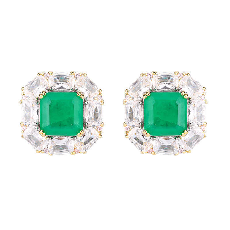 Hua Youmei Jewelry Set Emerald Zircon Square Earrings High-End Elegant Ear Accessories Studs Rings 956