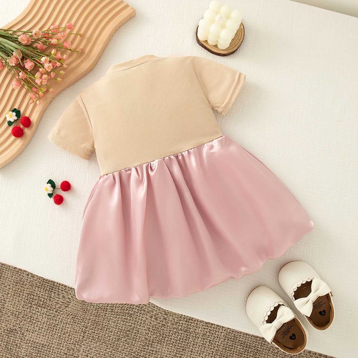 Summer Casual Dresses for Girls Cute Cherry Decoration Knit Short Sleeve Color Block Dress Baby Girl Pink Dress R250707
