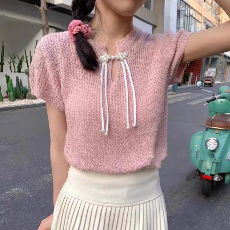 2025 Summer new women's T-shirt new Chinese round neck short sleeved summer new niche knitted top new designer T-shirt
