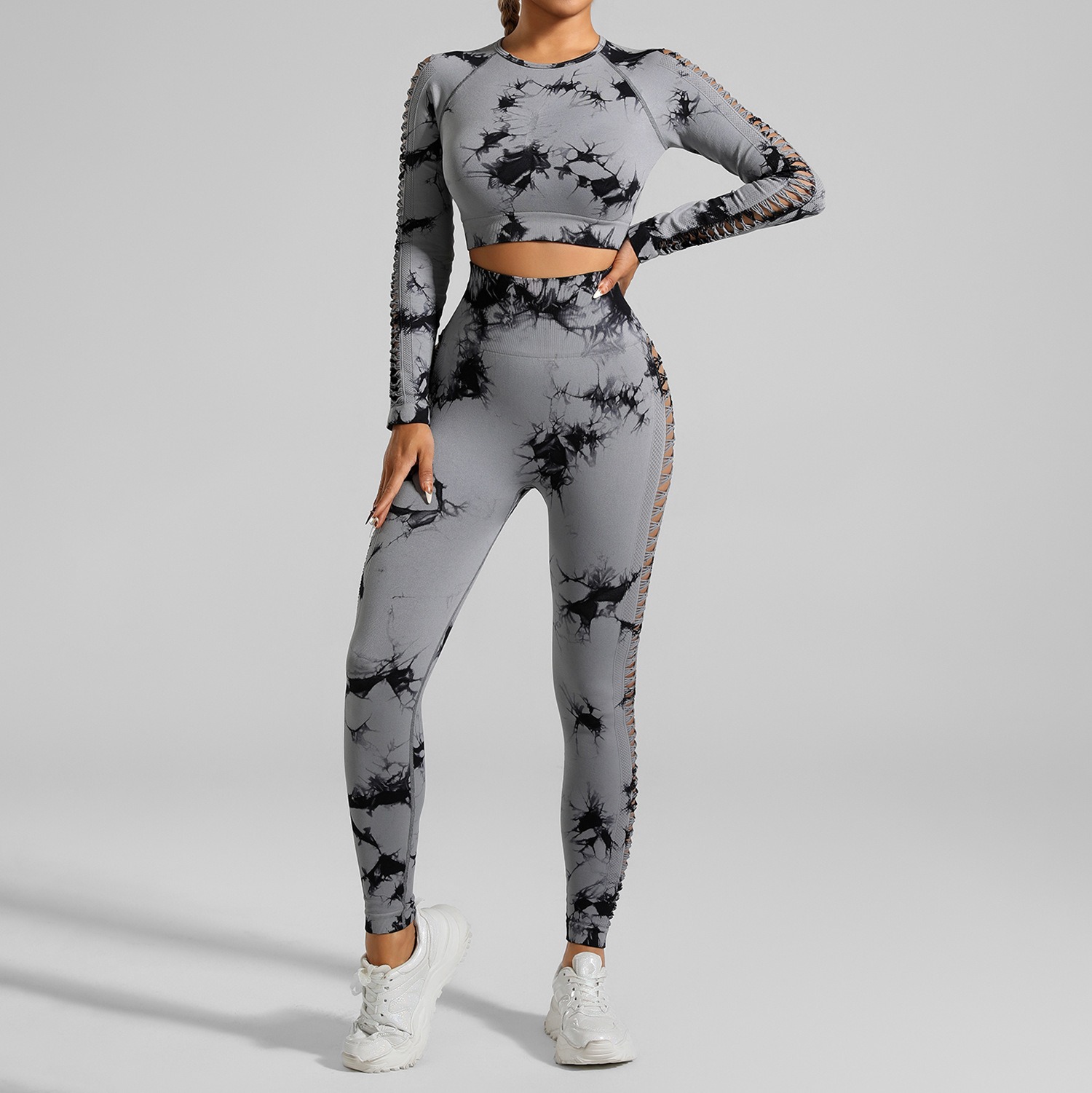 Women's Seamless Tie-Dye Yoga Set - Two-Piece Side-Cut Crop Top & Peach Bottoms Fitness Wear
