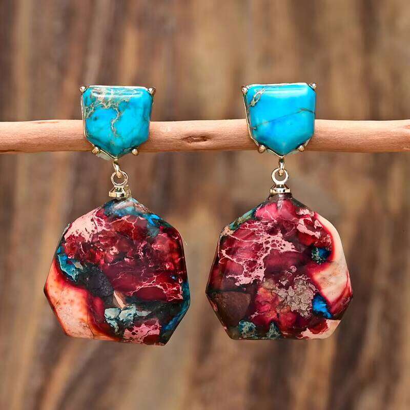 Charming Geometric Shape Colorful Natural Spiritual Jasper Stone Earrings