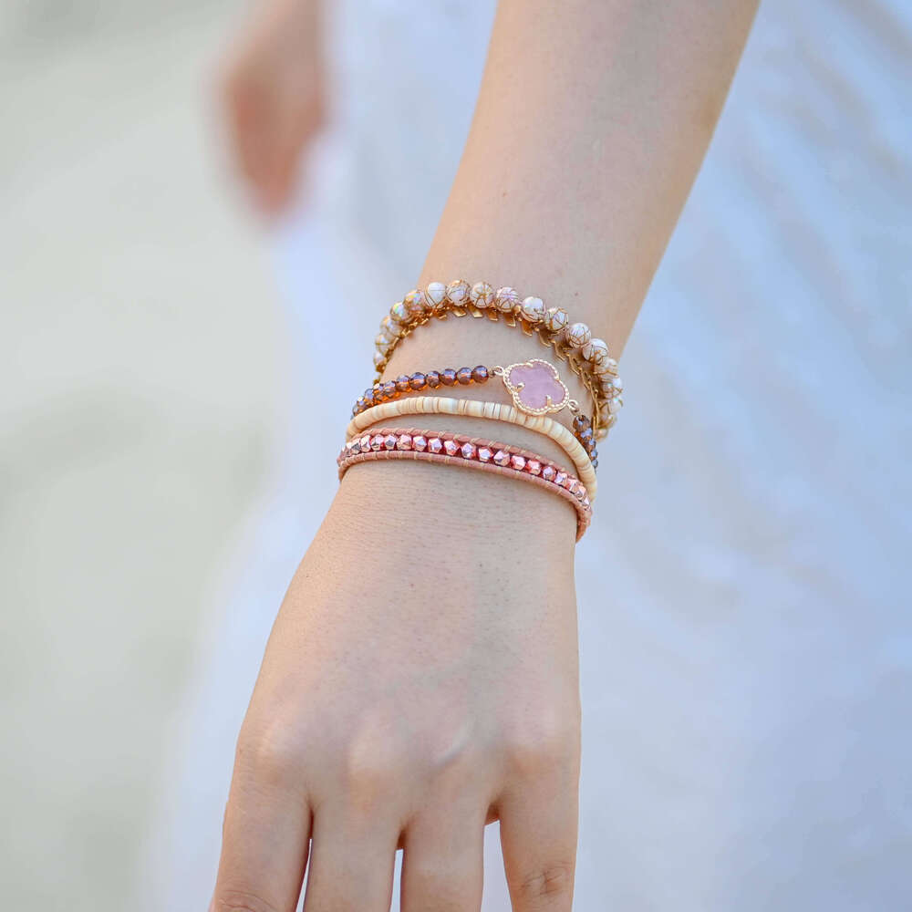 bohemian Handmade Rose Quartz Healing Plum Blossom Shape Natural Stone 5 Layer Bracelet