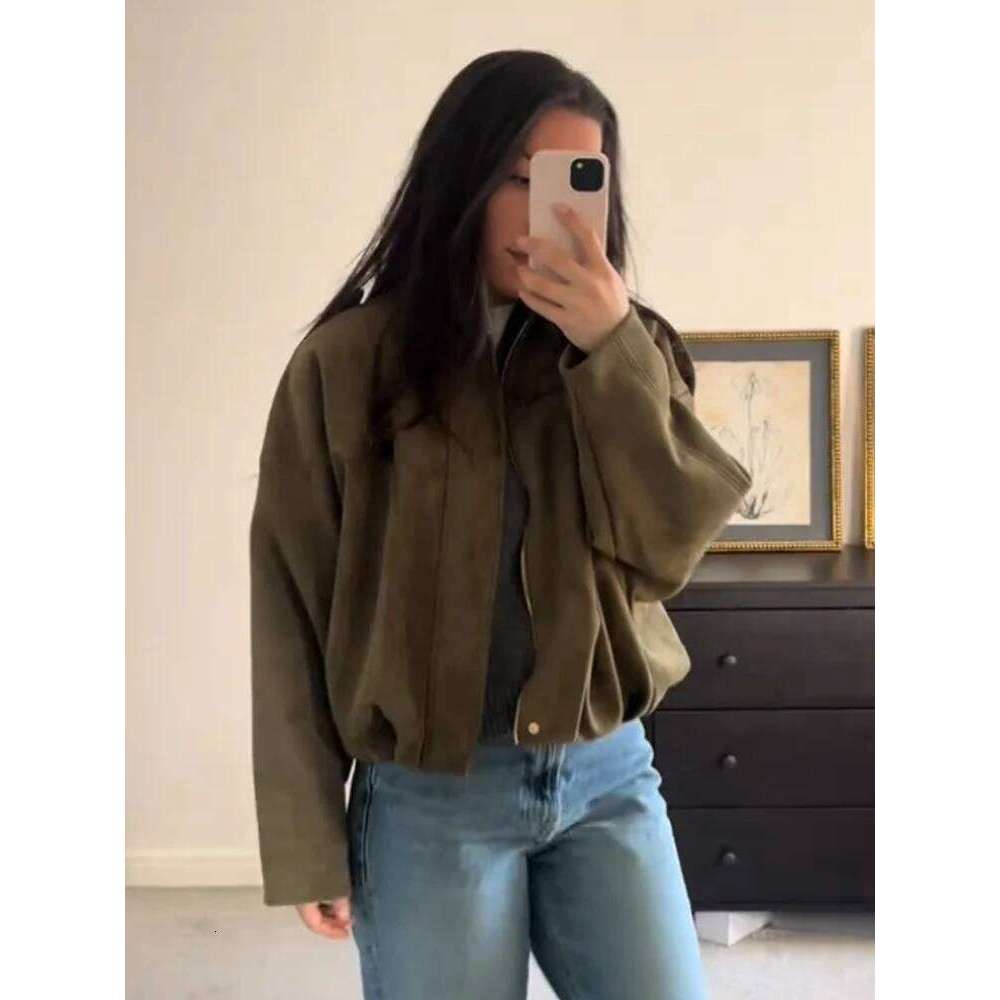Vintage Suede Lapel Jacket for Women Casual Zipper Long Sleeve Female 2025 Spring New Lady Pockets Short Coats Streetwear
